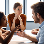 A diverse team in a collaborative office setting. A leader, appearing thoughtful and open, is engaging with the team, gesturing to encourage discussion and input. Team members are actively participating, their faces showing confidence and mutual respect. The atmosphere is one of shared problem-solving and empowerment, with a subtle aura of emerging ideas. Professional, inviting lighting.