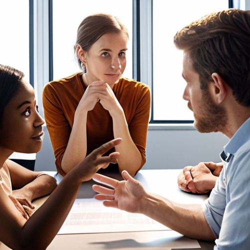 Home 6 A diverse team in a collaborative office setting. A leader, appearing thoughtful and open, is engaging with the team, gesturing to encourage discussion and input. Team members are actively participating, their faces showing confidence and mutual respect. The atmosphere is one of shared problem-solving and empowerment, with a subtle aura of emerging ideas. Professional, inviting lighting.
