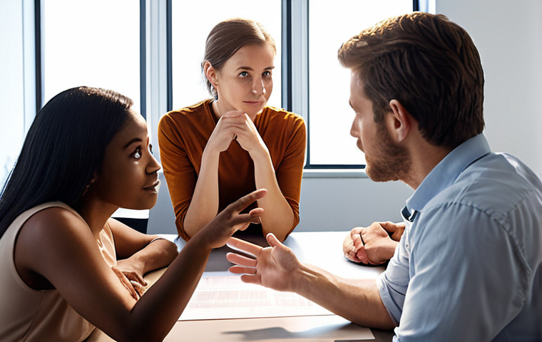 A diverse team in a collaborative office setting. A leader, appearing thoughtful and open, is engaging with the team, gesturing to encourage discussion and input. Team members are actively participating, their faces showing confidence and mutual respect. The atmosphere is one of shared problem-solving and empowerment, with a subtle aura of emerging ideas. Professional, inviting lighting.