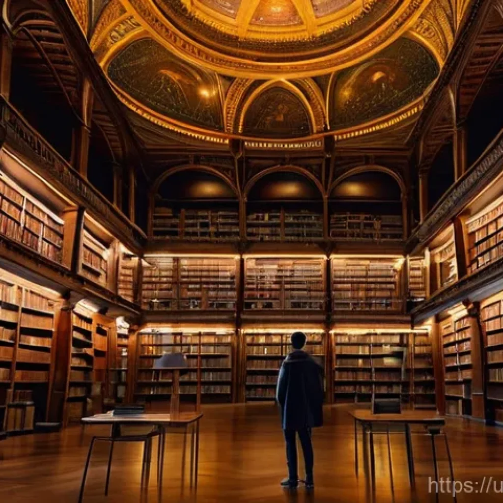 지식의 한계를 인정하는 것이 중요한 이유 - **Awe before Infinite Knowledge:** A wide shot of a solitary figure, a young adult of diverse ethnic...