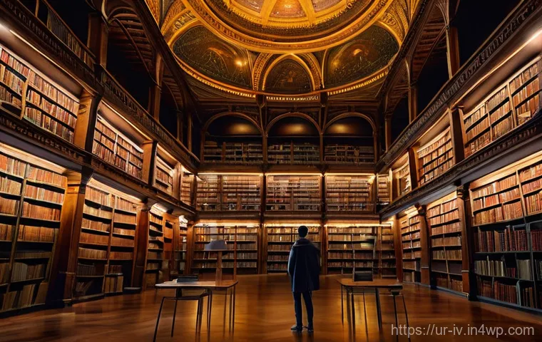지식의 한계를 인정하는 것이 중요한 이유 - **Awe before Infinite Knowledge:** A wide shot of a solitary figure, a young adult of diverse ethnic...