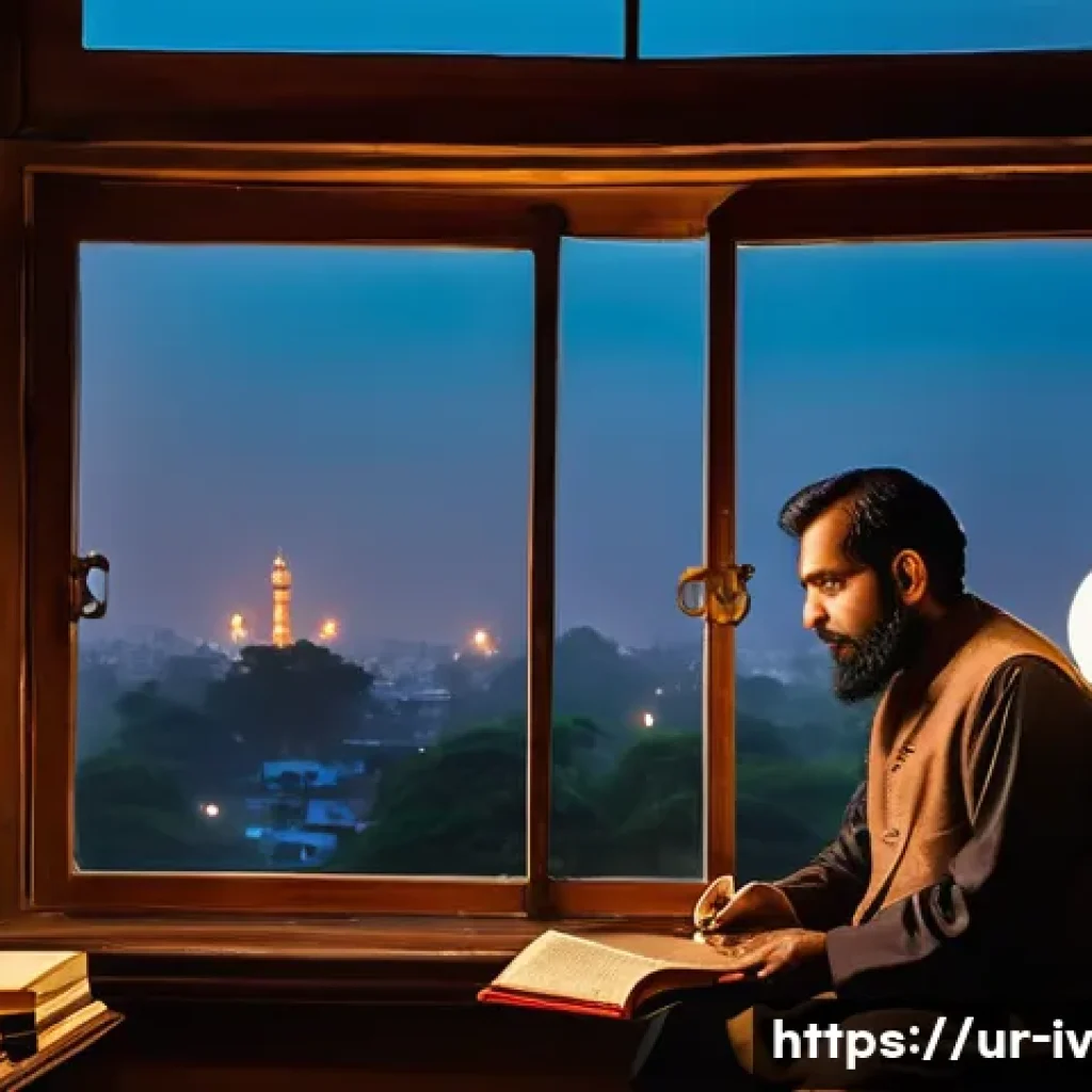 지식의 한계와 예측 가능성 - An elegant scholarly study scene in a traditional South Asian home, featuring a middle-aged Urdu-spe...