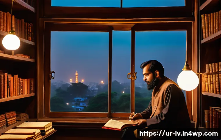 지식의 한계와 예측 가능성 - An elegant scholarly study scene in a traditional South Asian home, featuring a middle-aged Urdu-spe...