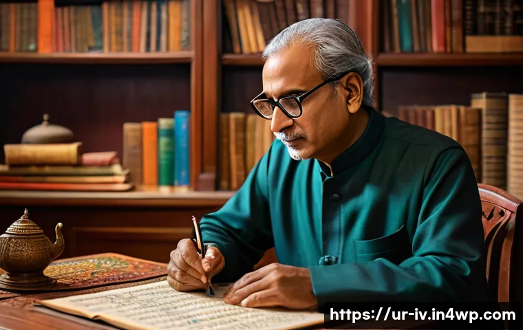 지식의 한계와 논리적 사고 - A thoughtful middle-aged South Asian man seated at a traditional wooden desk in a cozy study room fi...