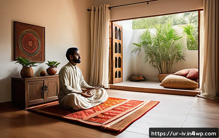 지식의 한계를 인식하는 명상법 - A serene home meditation corner designed for a person practicing mindfulness in an Urdu-speaking hou...