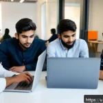Home 19 지식의 한계 인식과 인턴십의 중요성 - A diverse group of young Urdu-speaking university students engaged in a professional internship sett...