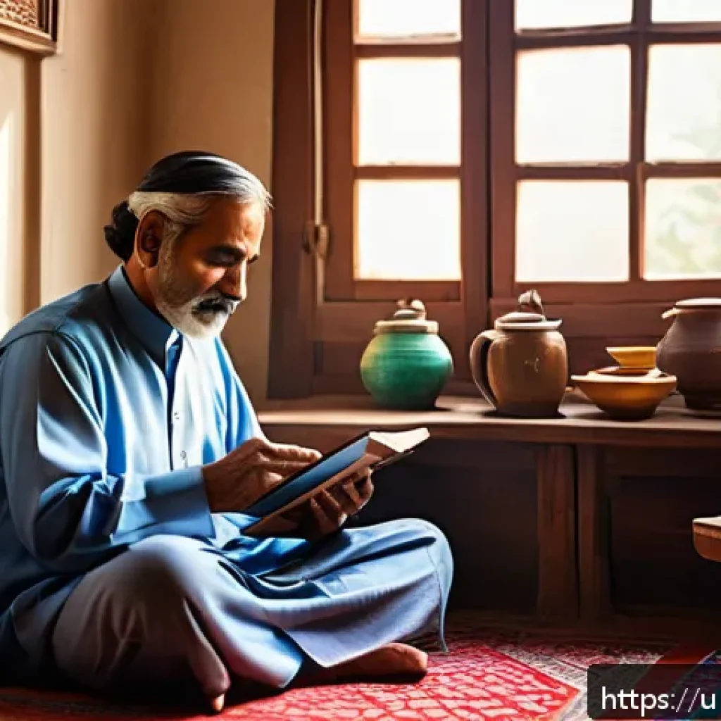 지식의 한계 인식과 지속적인 학습 - A serene early morning scene in a traditional Pakistani home, featuring a middle-aged man sitting cr...