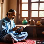 Home 18 지식의 한계 인식과 지속적인 학습 - A serene early morning scene in a traditional Pakistani home, featuring a middle-aged man sitting cr...