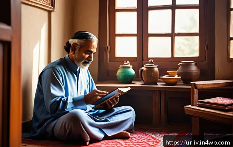 지식의 한계 인식과 지속적인 학습 - A serene early morning scene in a traditional Pakistani home, featuring a middle-aged man sitting cr...