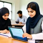 Home 23 지식의 한계와 학습의 관계 - A modern Pakistani classroom scene with diverse adult students engaged in an online learning session...