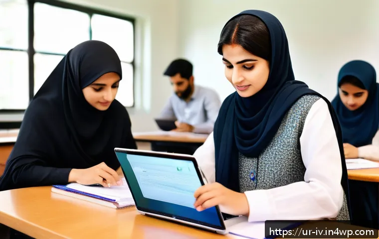 지식의 한계와 학습의 관계 - A modern Pakistani classroom scene with diverse adult students engaged in an online learning session...